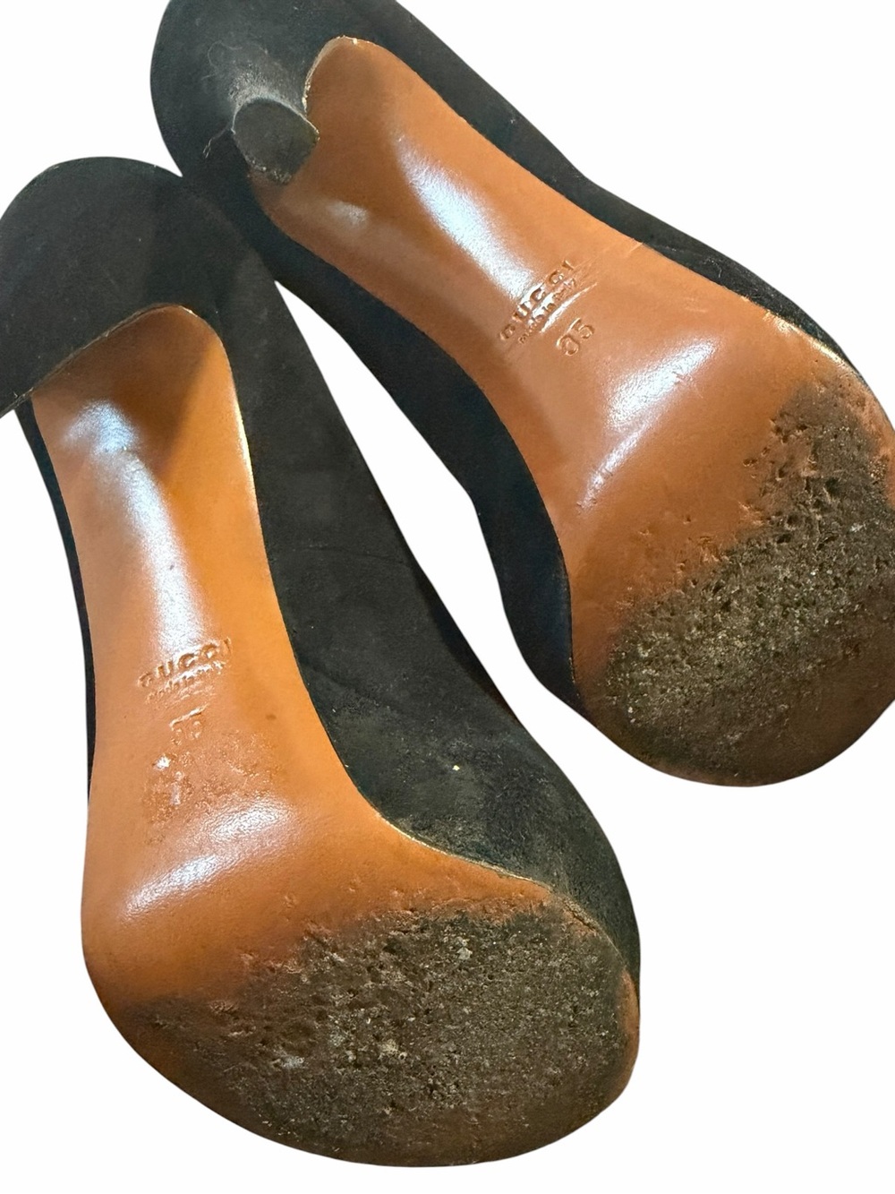 Gucci Black Suede T-Strap Platform Heels Size 35 Peep Toe Stiletto Pumps - Picture 7 of 8
